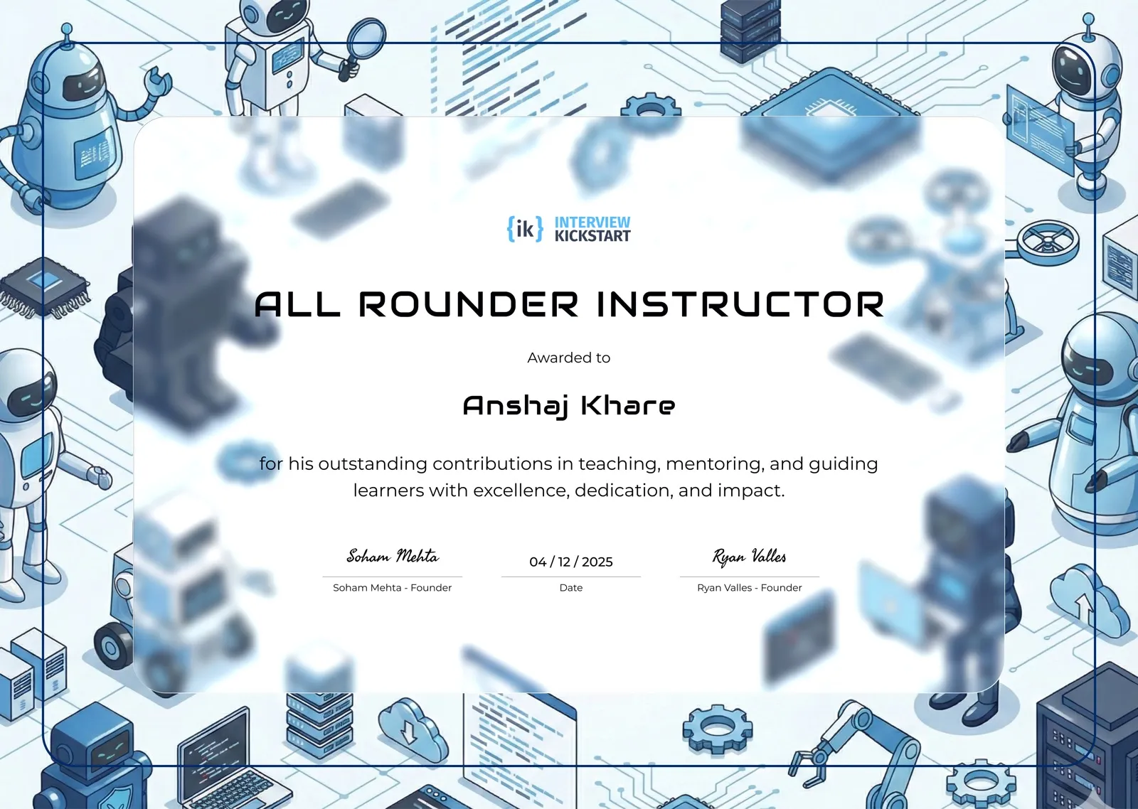 Interview Kickstart All Rounder Instructor certificate awarded to Anshaj Khare.