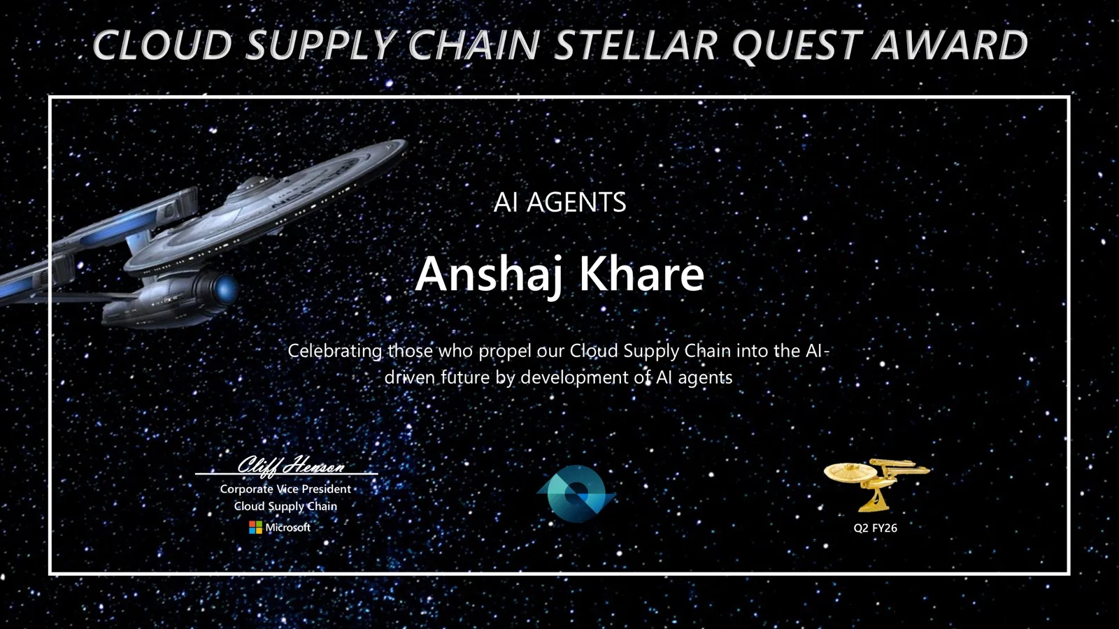 Microsoft Cloud Supply Chain Stellar Quest Award certificate for AI Agents, awarded to Anshaj Khare.